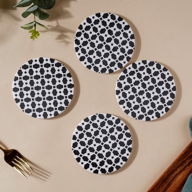Zellij Art Round Ceramic Floral Trivet Black And White