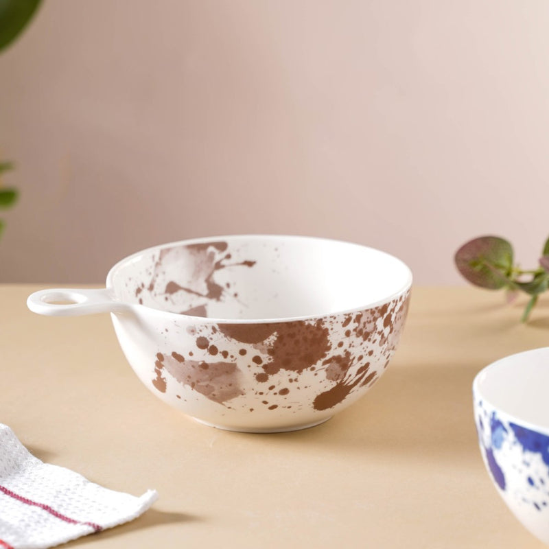 Splash Patterned Ceramic Bowl With Handle Brown - Bowl, ceramic bowl, serving bowls, noodle bowl, salad bowls, bowl for snacks, baking bowls, large serving bowl, bowl with handle | Bowls for dining table & home decor