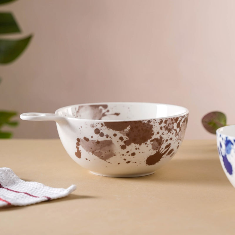 Splash Patterned Ceramic Bowl With Handle Brown - Bowl, ceramic bowl, serving bowls, noodle bowl, salad bowls, bowl for snacks, baking bowls, large serving bowl, bowl with handle | Bowls for dining table & home decor