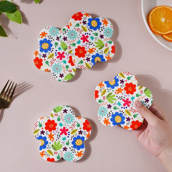 Springy Zest Flower Multicolor Ceramic Coaster Set Of 4