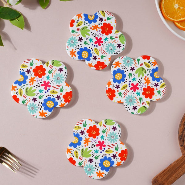 Springy Zest Flower Multicolor Ceramic Coaster Set Of 4