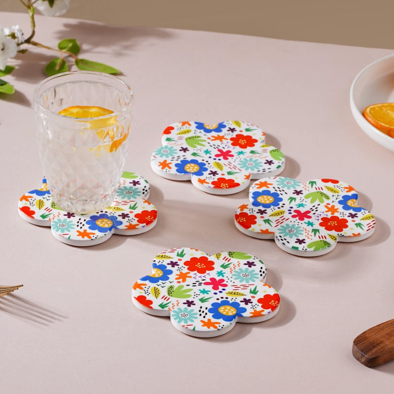 Springy Zest Flower Multicolor Ceramic Coaster Set Of 4