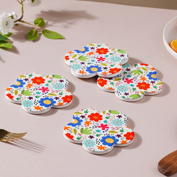 Springy Zest Flower Multicolor Ceramic Coaster Set Of 4