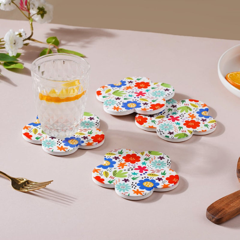 Springy Zest Flower Multicolor Ceramic Coaster Set Of 4
