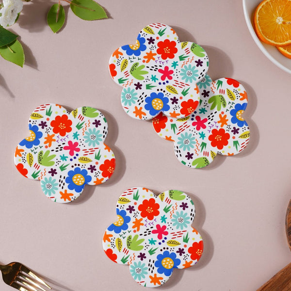 Springy Zest Flower Multicolor Ceramic Coaster Set Of 4