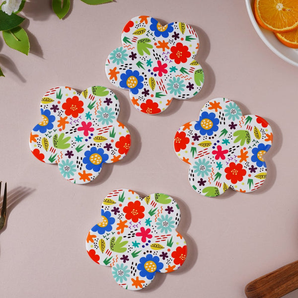 Springy Zest Flower Multicolor Ceramic Coaster Set Of 4
