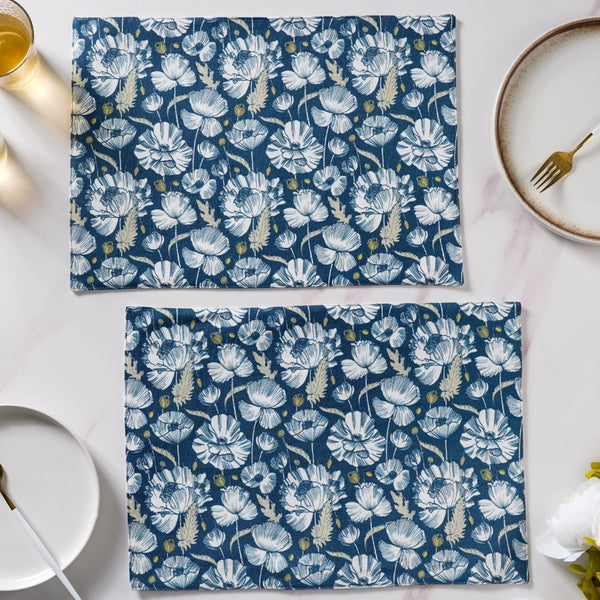 Floral Dining Cotton Printed Table Mat Royal Blue Set Of 2