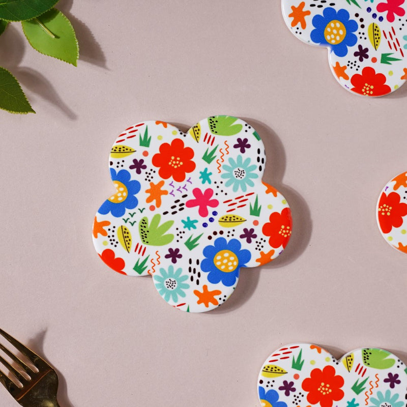 Springy Zest Flower Multicolor Ceramic Coaster Set Of 4