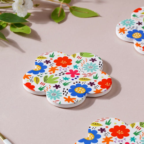 Springy Zest Flower Multicolor Ceramic Coaster Set Of 4