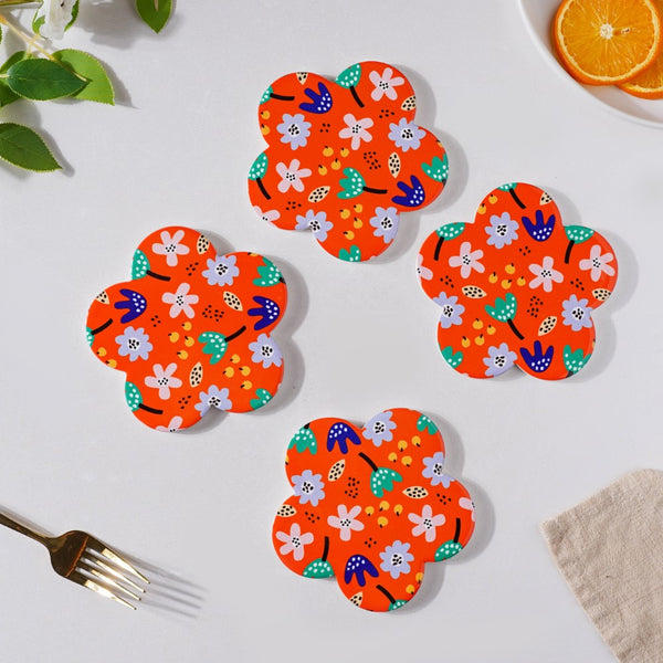Autumn Orange Flower Ceramic Coaster Set Of 4