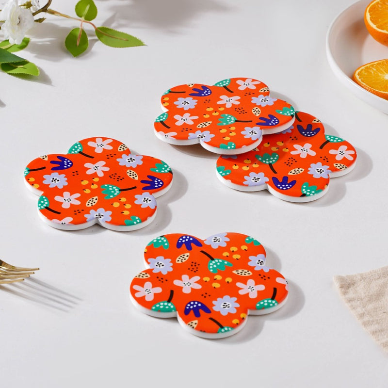 Autumn Orange Flower Ceramic Coaster Set Of 4
