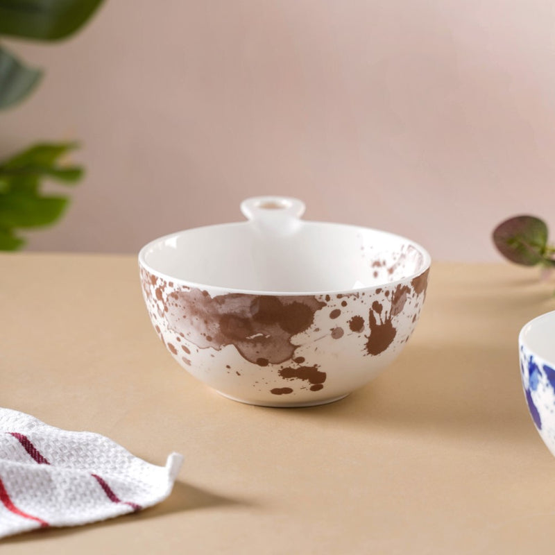 Splash Patterned Ceramic Bowl With Handle Brown - Bowl, ceramic bowl, serving bowls, noodle bowl, salad bowls, bowl for snacks, baking bowls, large serving bowl, bowl with handle | Bowls for dining table & home decor