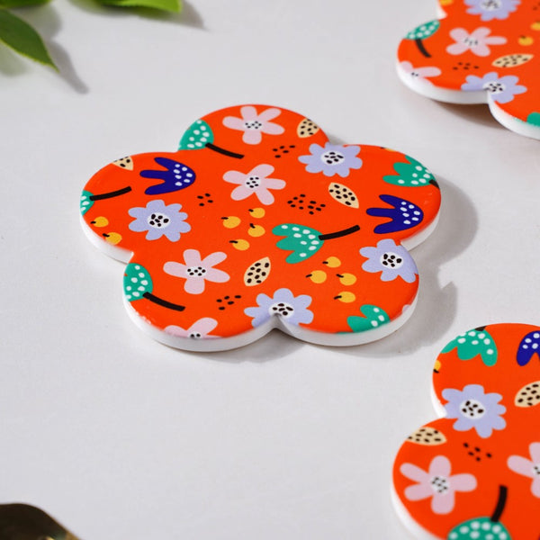 Autumn Orange Flower Ceramic Coaster Set Of 4