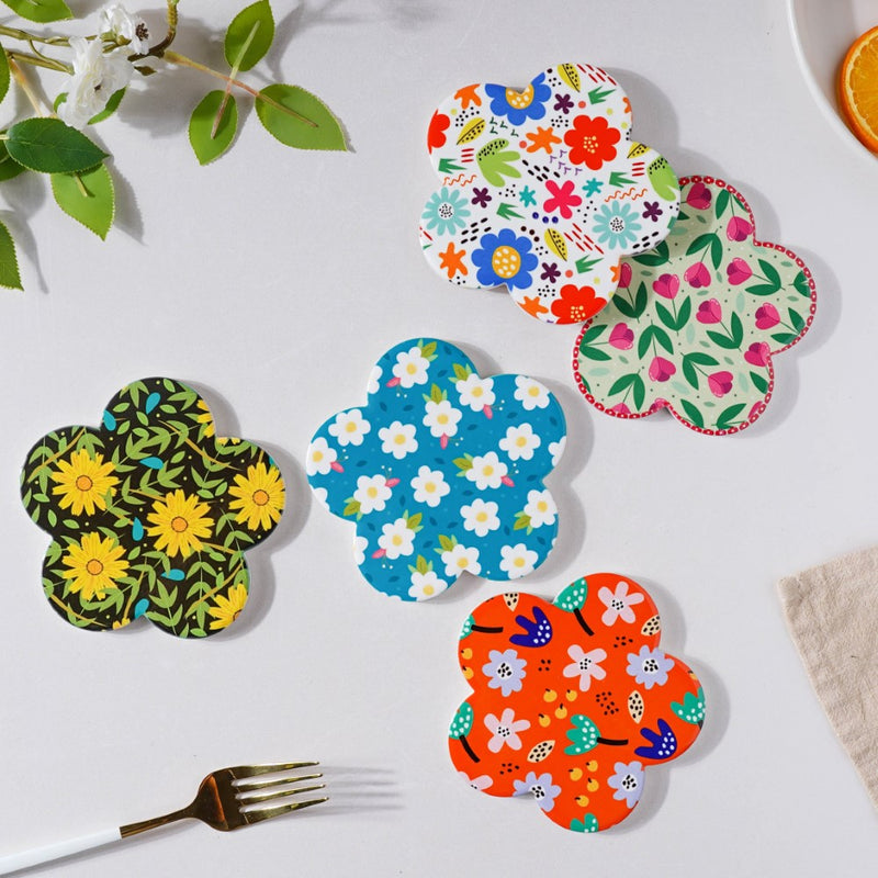 Springy Zest Flower Multicolor Ceramic Coaster Set Of 4