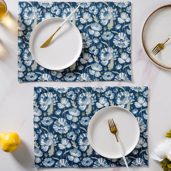 Floral Dining Cotton Printed Table Mat Royal Blue Set Of 2