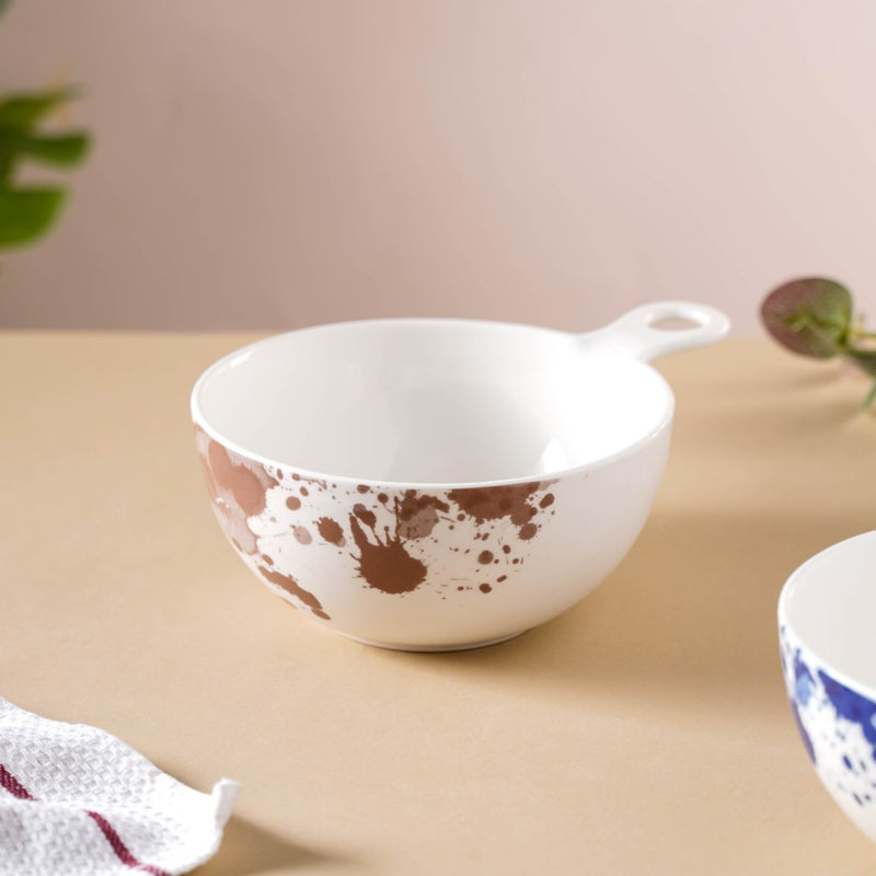 Splash Patterned Ceramic Bowl With Handle Brown - Bowl, ceramic bowl, serving bowls, noodle bowl, salad bowls, bowl for snacks, baking bowls, large serving bowl, bowl with handle | Bowls for dining table & home decor