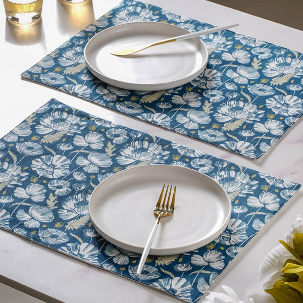 Floral Dining Cotton Printed Table Mat Royal Blue Set Of 2