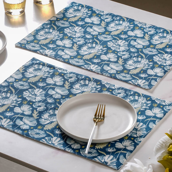 Floral Dining Cotton Printed Table Mat Royal Blue Set Of 2