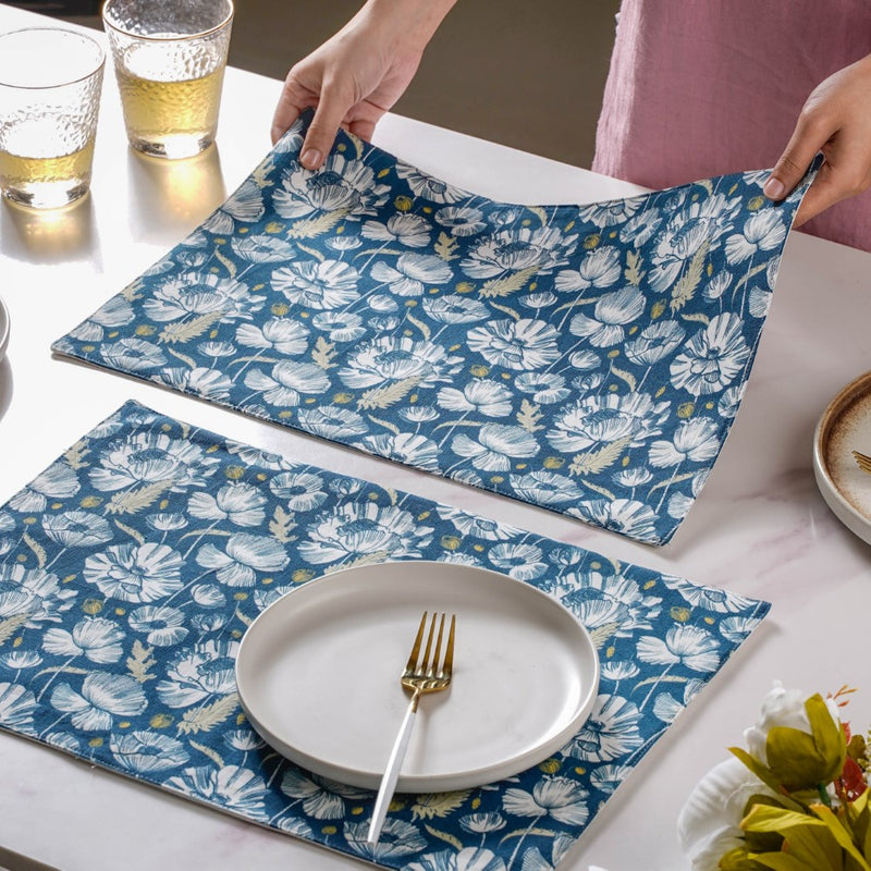 Floral Dining Cotton Printed Table Mat Blue Set Of 2
