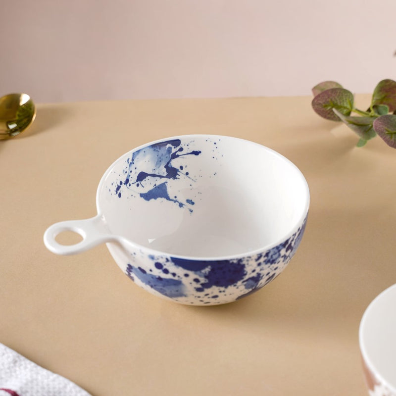 Splash Patterned Ceramic Bowl With Handle Blue - Bowl, ceramic bowl, serving bowls, noodle bowl, salad bowls, bowl for snacks, baking bowls, large serving bowl, bowl with handle | Bowls for dining table & home decor