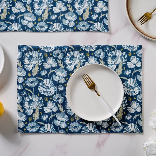 Floral Dining Cotton Printed Table Mat Royal Blue Set Of 2