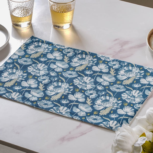 Floral Dining Cotton Printed Table Mat Royal Blue Set Of 2