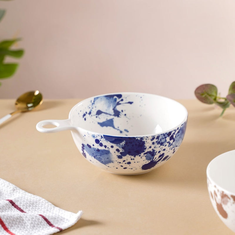 Splash Patterned Ceramic Bowl With Handle Blue - Bowl, ceramic bowl, serving bowls, noodle bowl, salad bowls, bowl for snacks, baking bowls, large serving bowl, bowl with handle | Bowls for dining table & home decor