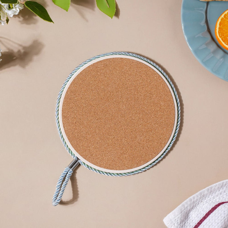 Zellij Art Round Ceramic Trivet With Rope Yellow And Blue 6 Inch