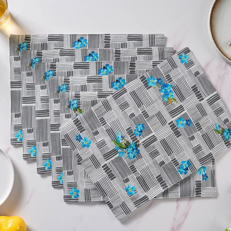 Bluebell Floral Dining Cotton Printed Table Mat Grey Set Of 6