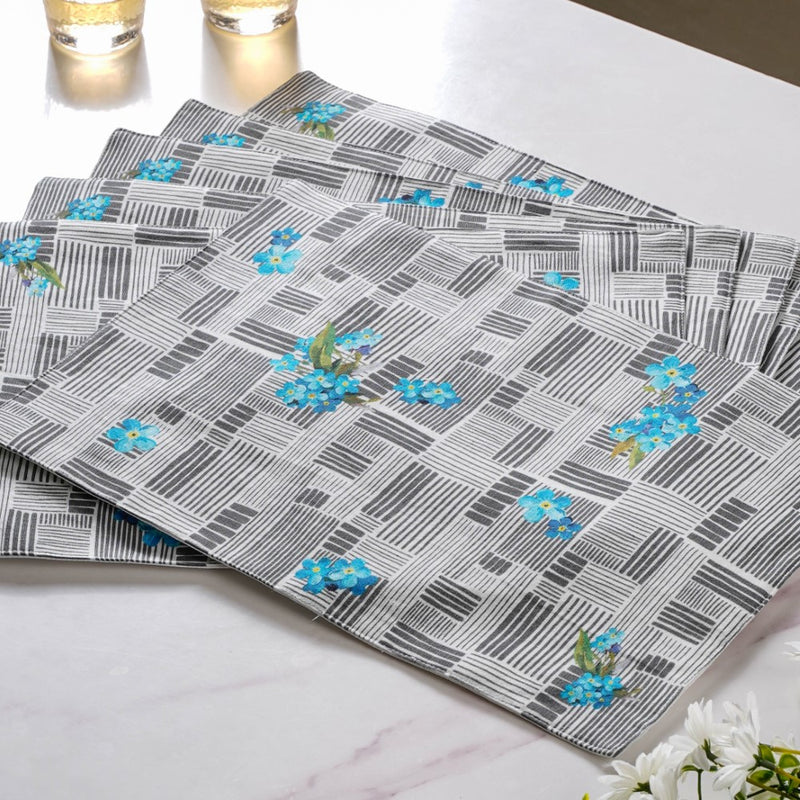 Bluebell Floral Dining Cotton Printed Table Mat Grey Set Of 6