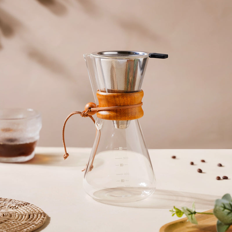 Pour Over Drip Coffee Maker With Wooden Collar- Coffee filter, coffee pot, coffee strainer | Coffee Pot and Filter for Dining table & Home decor