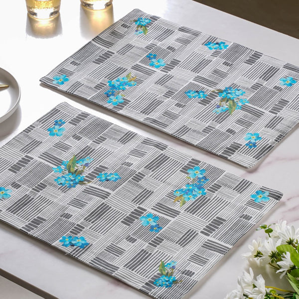 Bluebell Floral Dining Cotton Printed Table Mat Grey Set Of 2