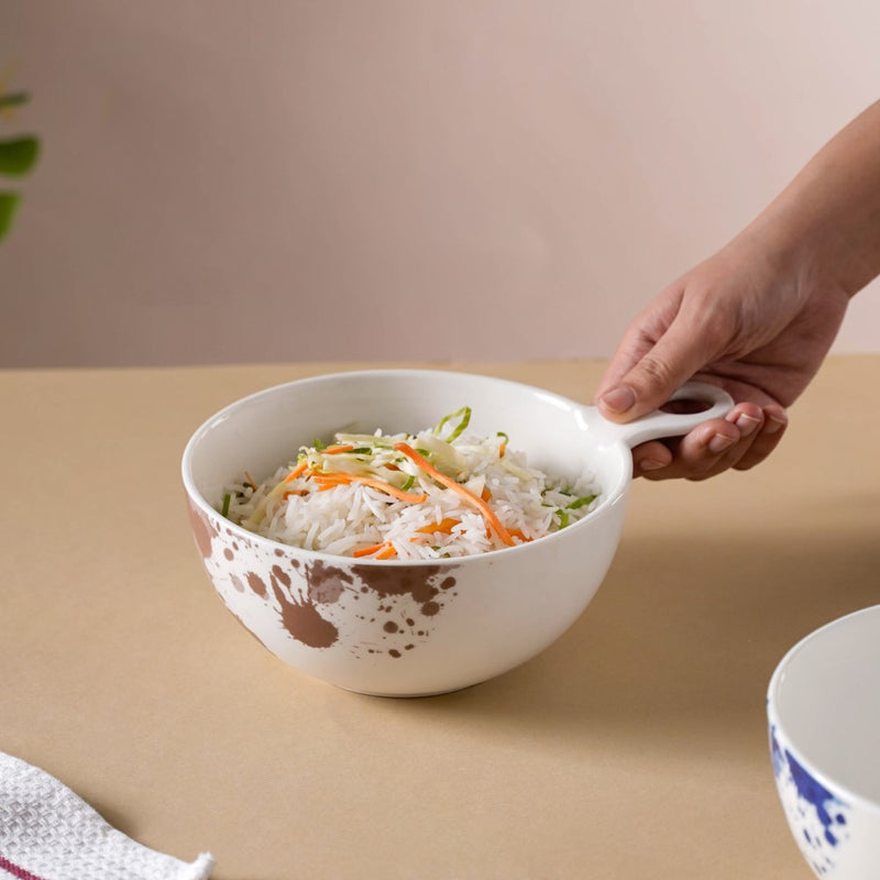Splash Patterned Ceramic Bowl With Handle Brown - Bowl, ceramic bowl, serving bowls, noodle bowl, salad bowls, bowl for snacks, baking bowls, large serving bowl, bowl with handle | Bowls for dining table & home decor
