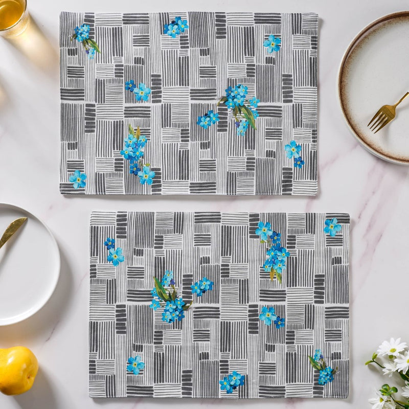 Bluebell Floral Dining Cotton Printed Table Mat Grey Set Of 2