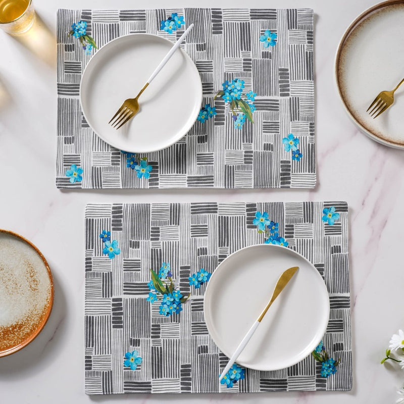 Bluebell Floral Dining Cotton Printed Table Mat Grey Set Of 2