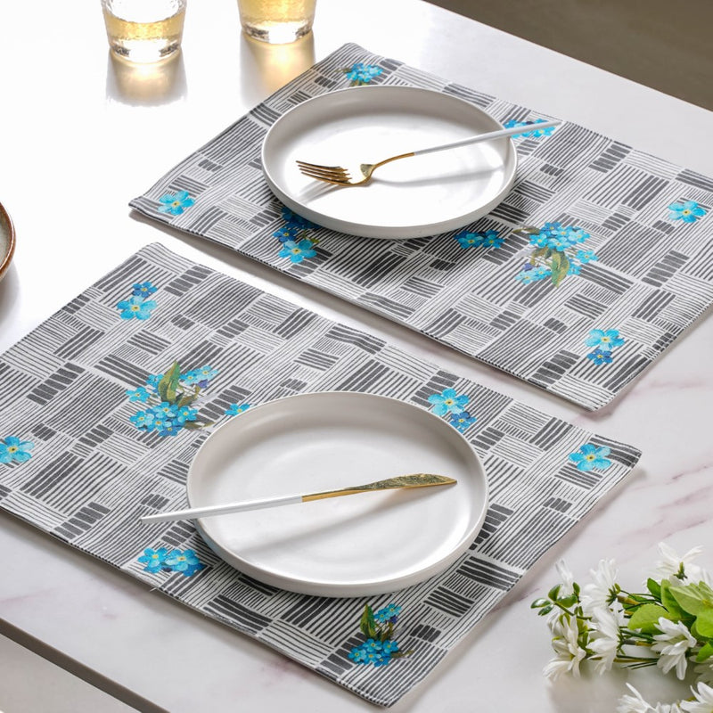 Bluebell Floral Dining Cotton Printed Table Mat Grey Set Of 2