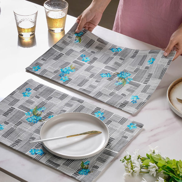 Bluebell Floral Dining Cotton Printed Table Mat Grey Set Of 2