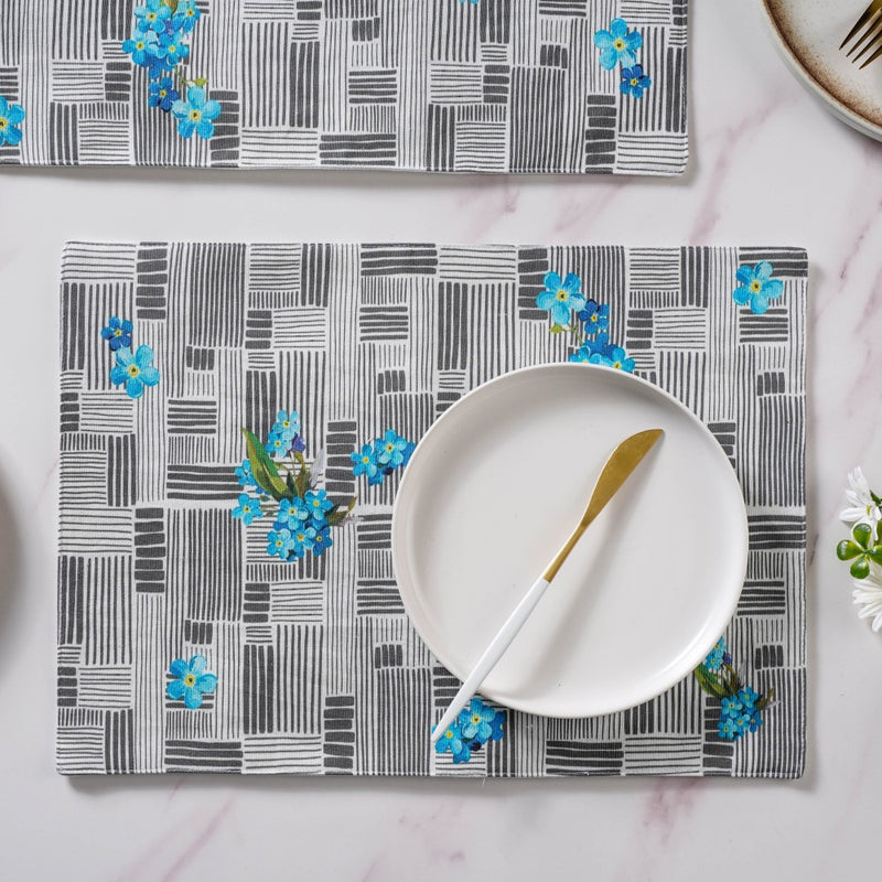 Bluebell Floral Dining Cotton Printed Table Mat Grey Set Of 6