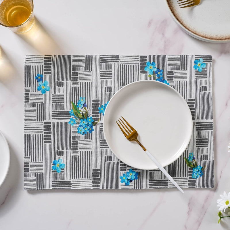Bluebell Floral Dining Cotton Printed Table Mat Grey Set Of 6