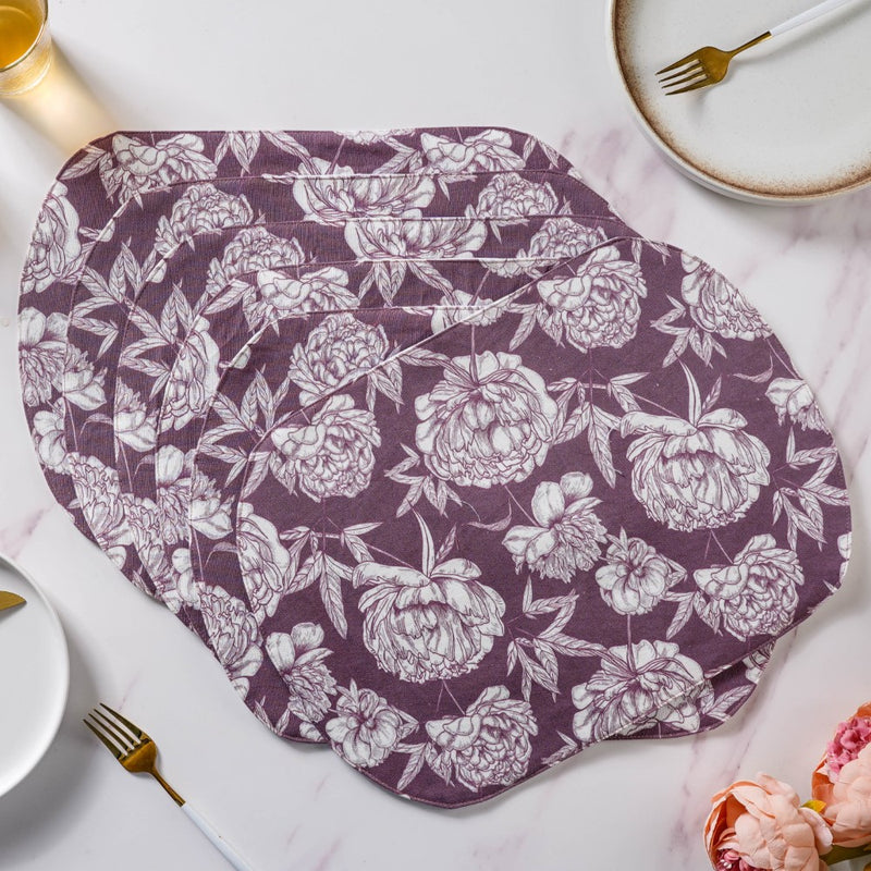 Baroque Peony Printed Cotton Table Mat Maroon Set Of 6