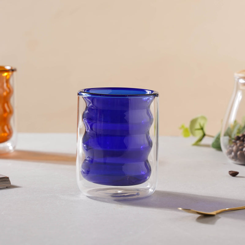 Transparent Double Walled Glass Ripple Tumbler Blue