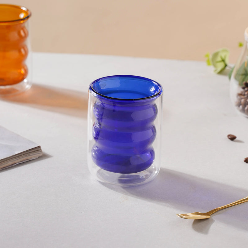 Transparent Double Walled Glass Ripple Tumbler Blue