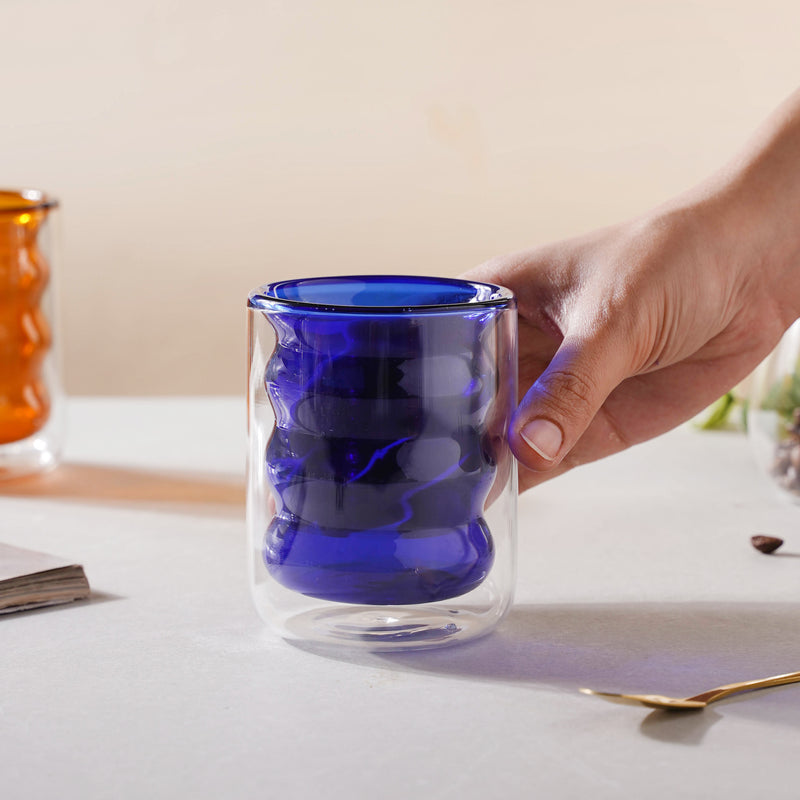 Transparent Double Walled Glass Ripple Tumbler Blue