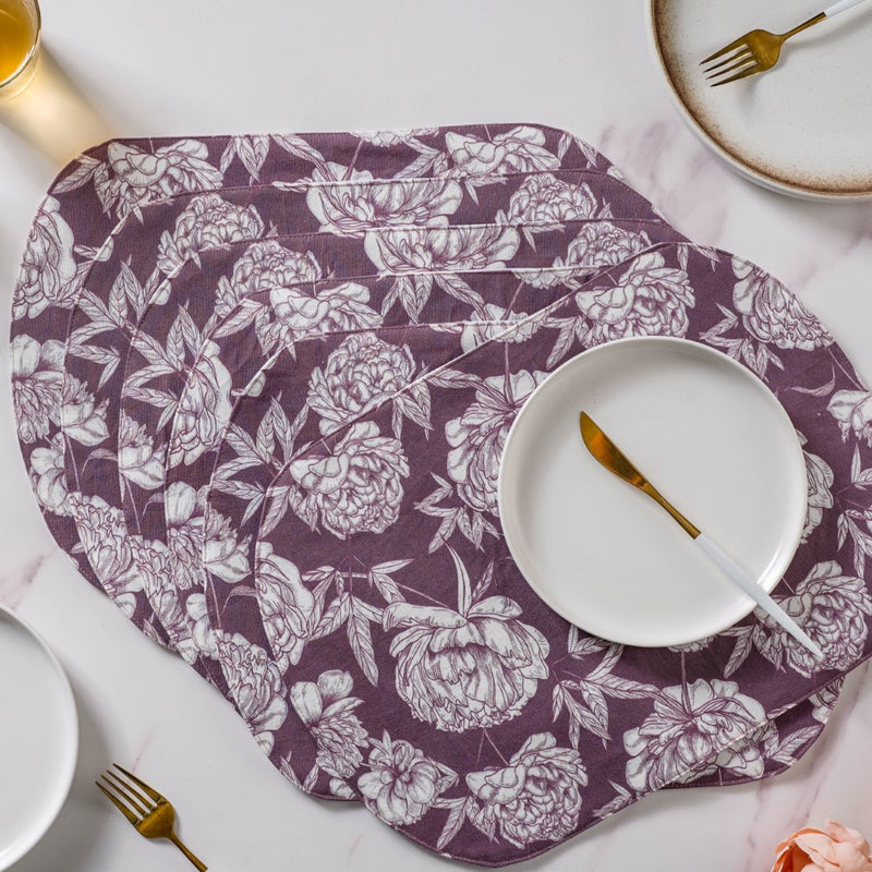 Baroque Peony Printed Cotton Table Mat Maroon Set Of 6