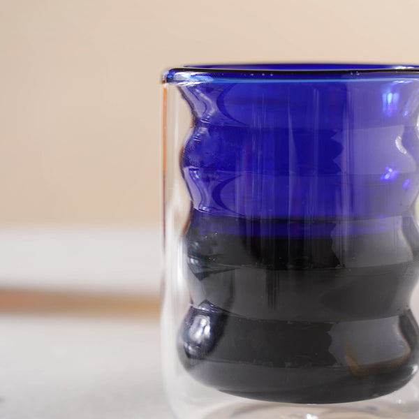 Transparent Double Walled Glass Ripple Tumbler Blue