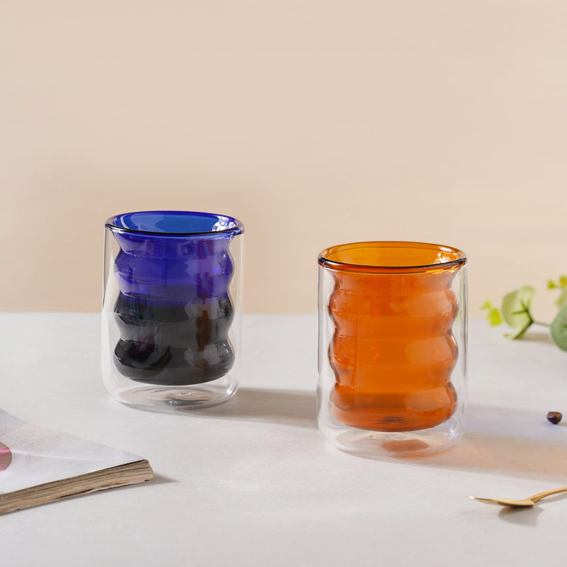 Transparent Double Walled Glass Ripple Tumbler Blue