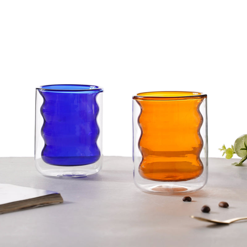 Transparent Double Walled Glass Ripple Tumbler Blue
