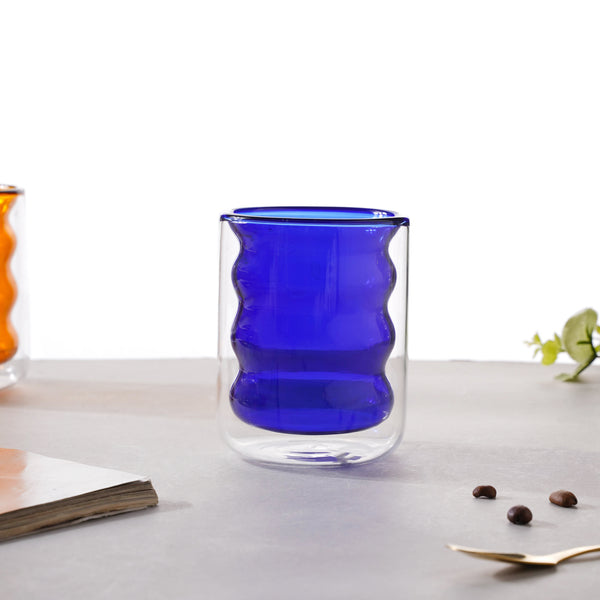 Transparent Double Walled Glass Ripple Tumbler Blue