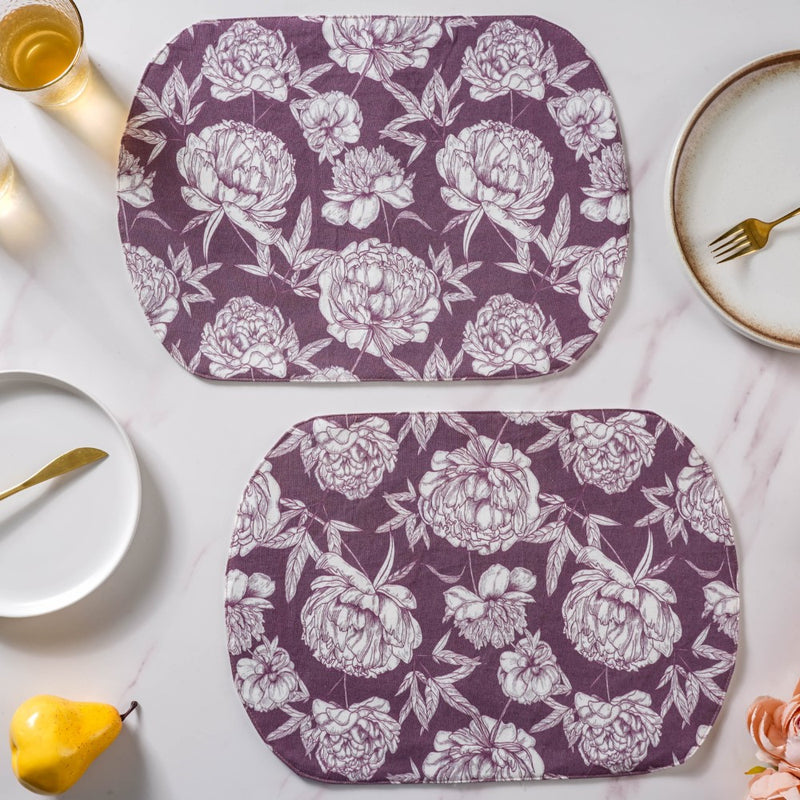 Baroque Peony Printed Cotton Table Mat Maroon Set Of 2