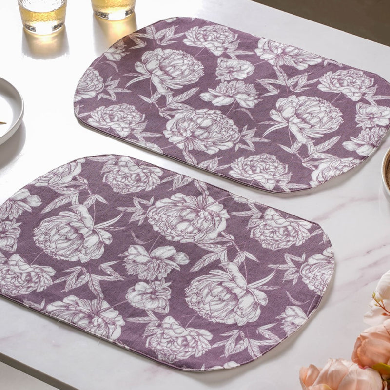 Baroque Peony Printed Cotton Table Mat Maroon Set Of 2